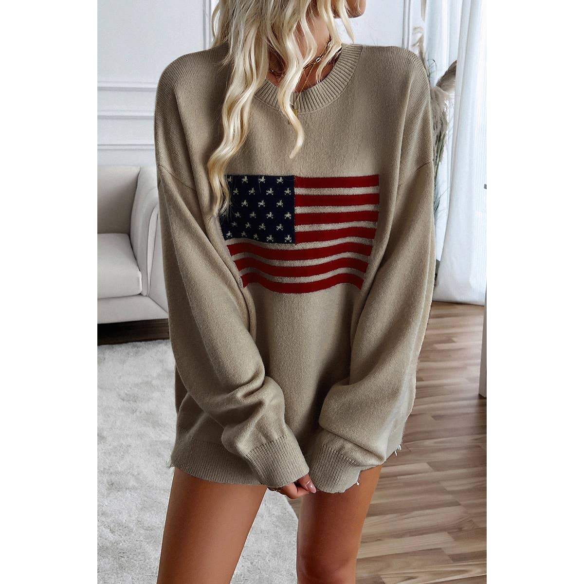 Knit Round Neck Flag Print Loose Fit Sweater - Shop Cool Tricks
