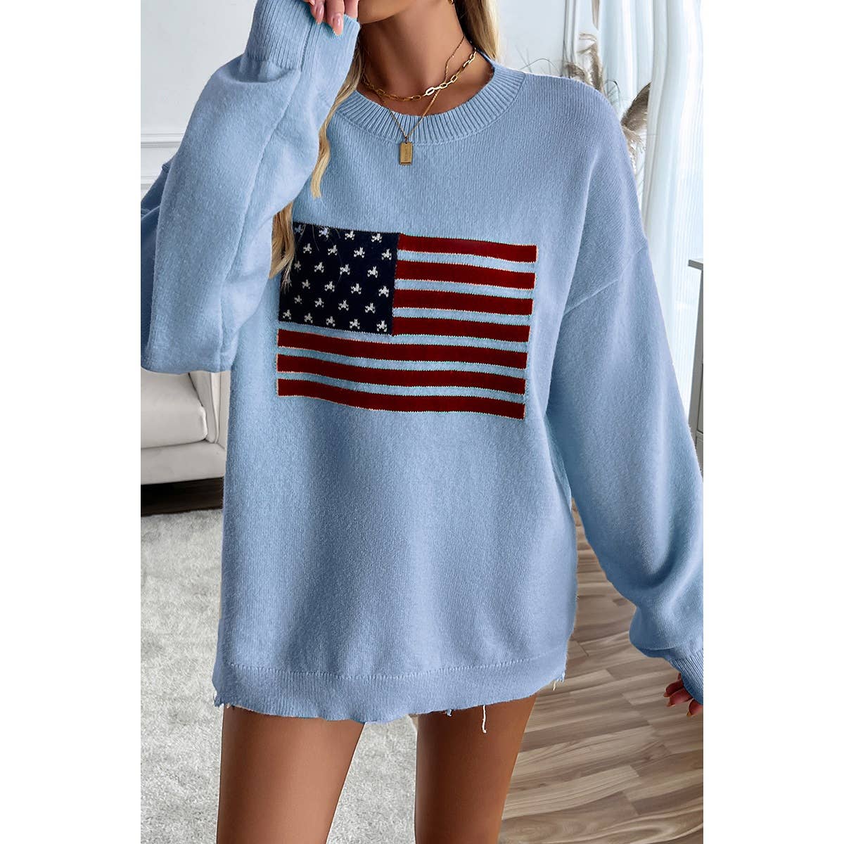 Knit Round Neck Flag Print Loose Fit Sweater - Shop Cool Tricks