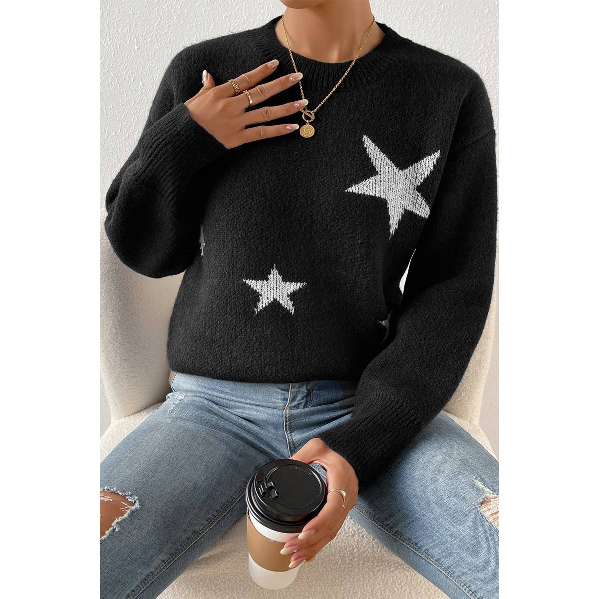 Star Print Knit Loose Fit Sweater - Shop Cool Tricks