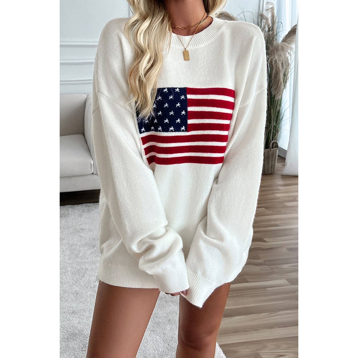Knit Round Neck Flag Print Loose Fit Sweater - Shop Cool Tricks