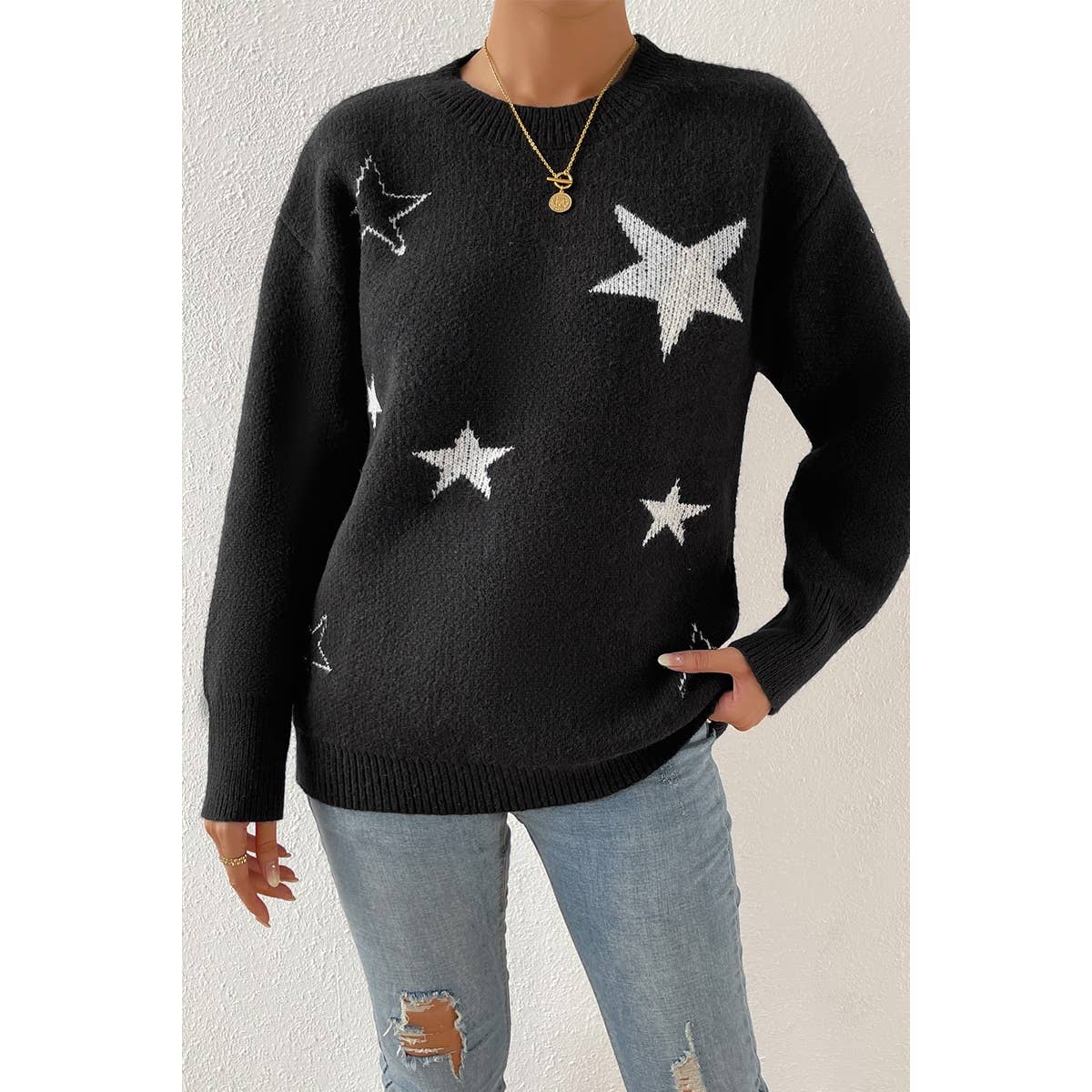 Star Print Knit Loose Fit Sweater - Shop Cool Tricks