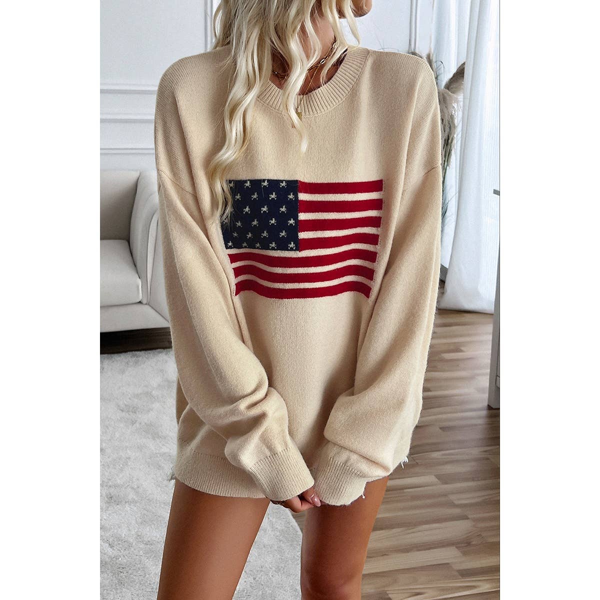 Knit Round Neck Flag Print Loose Fit Sweater - Shop Cool Tricks