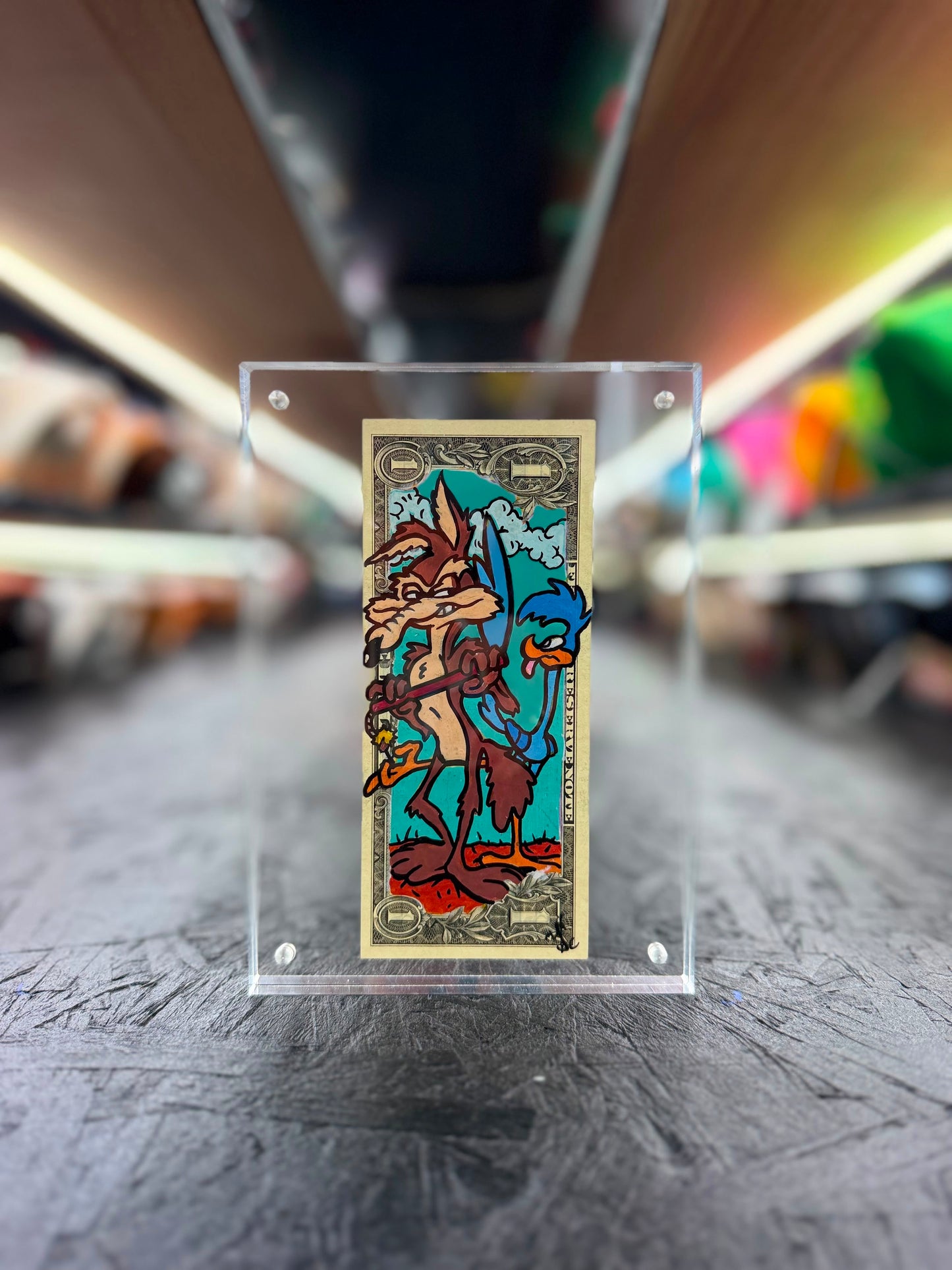 Willie E Coyote & Road Runner $1 Dollar Bill Art 9.0