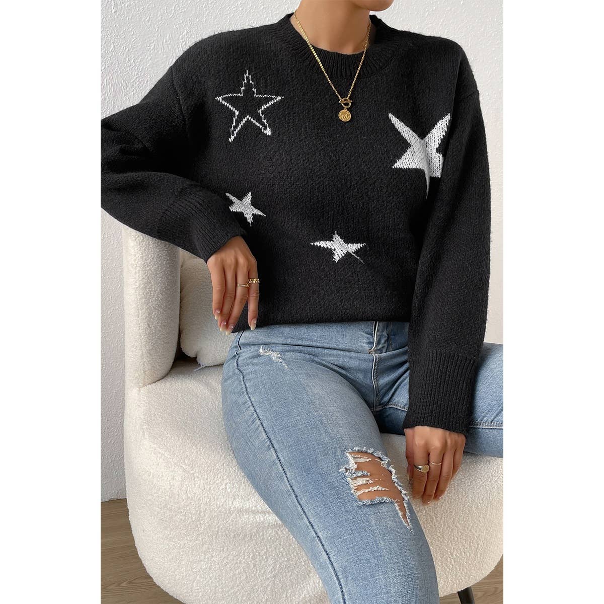 Star Print Knit Loose Fit Sweater - Shop Cool Tricks