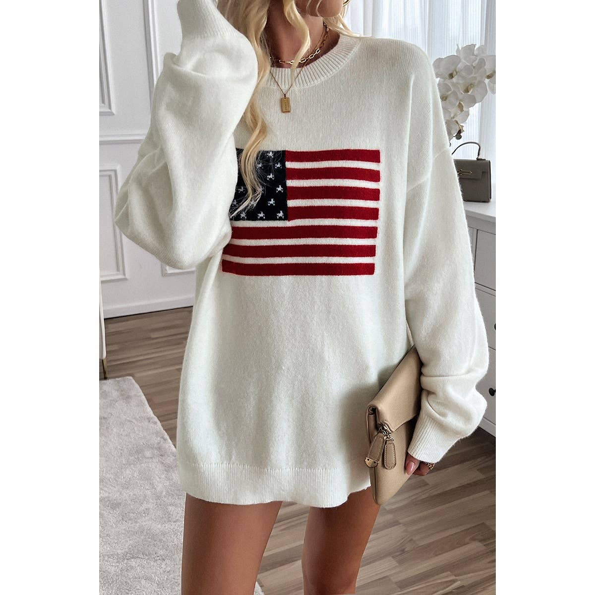 Knit Round Neck Flag Print Loose Fit Sweater - Shop Cool Tricks