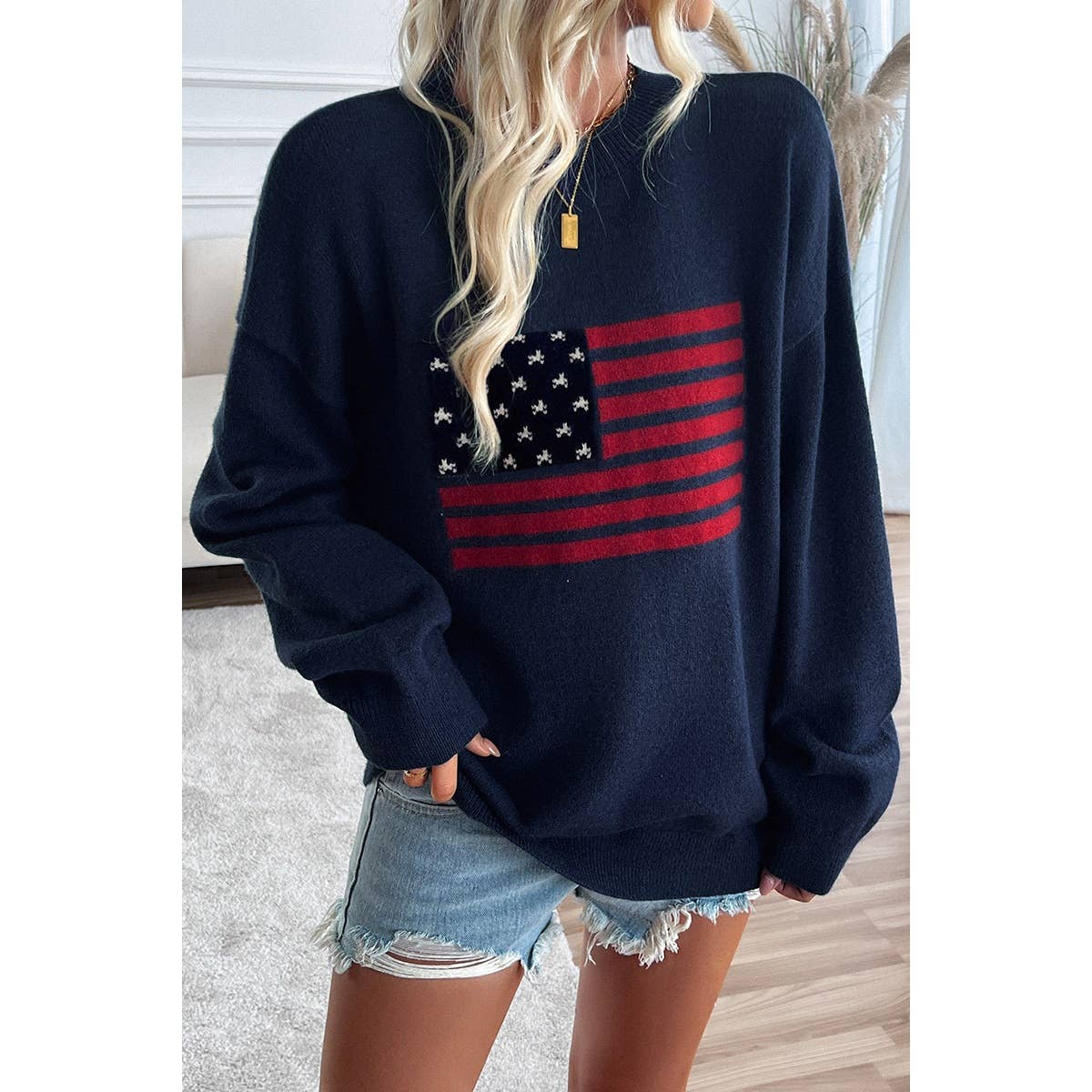 Knit Round Neck Flag Print Loose Fit Sweater - Shop Cool Tricks