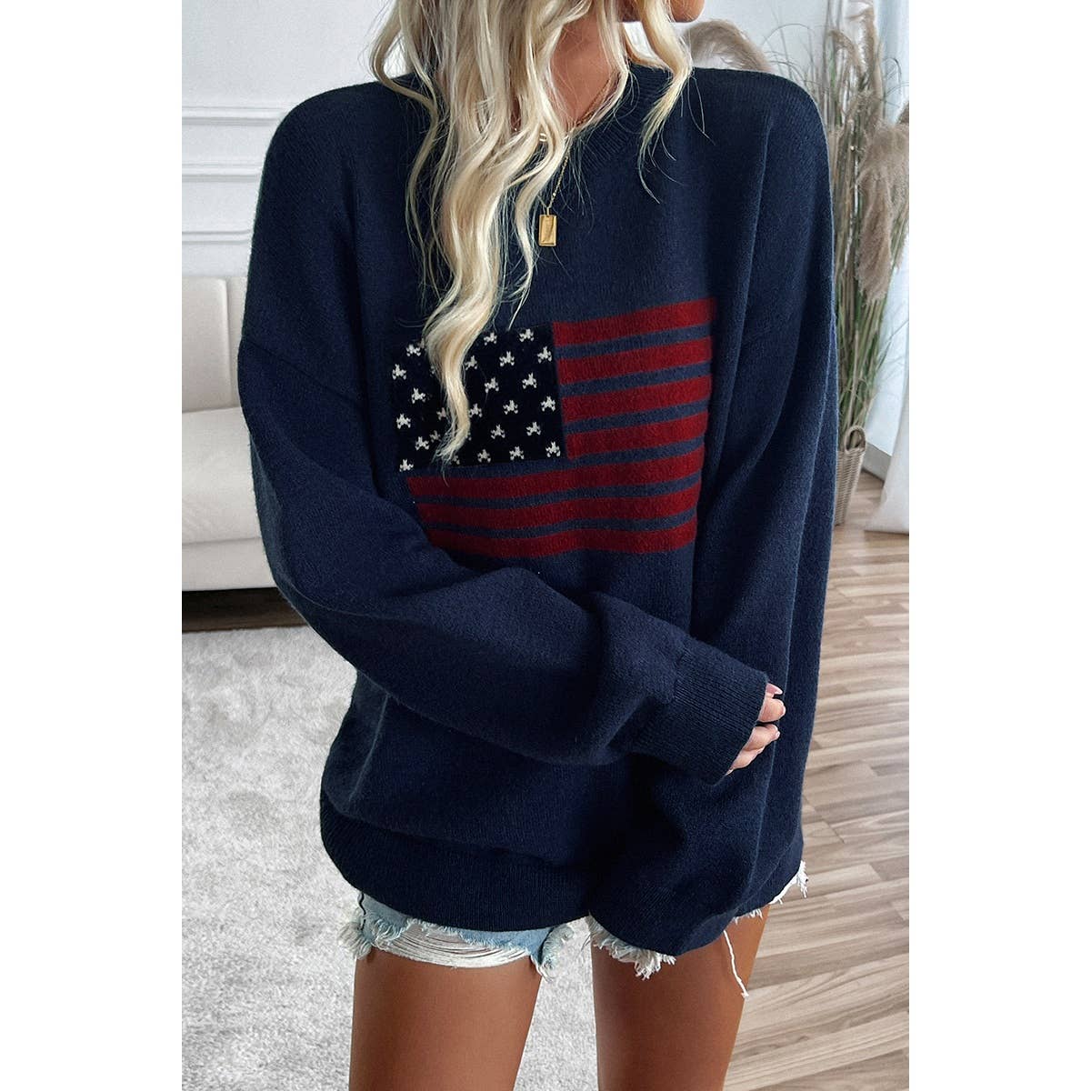 Knit Round Neck Flag Print Loose Fit Sweater - Shop Cool Tricks