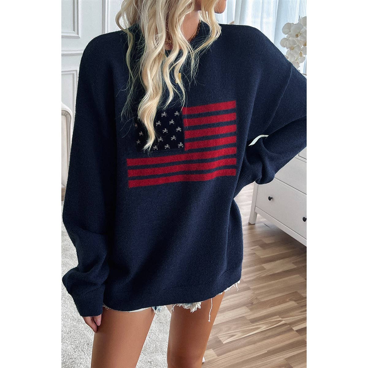 Knit Round Neck Flag Print Loose Fit Sweater - Shop Cool Tricks