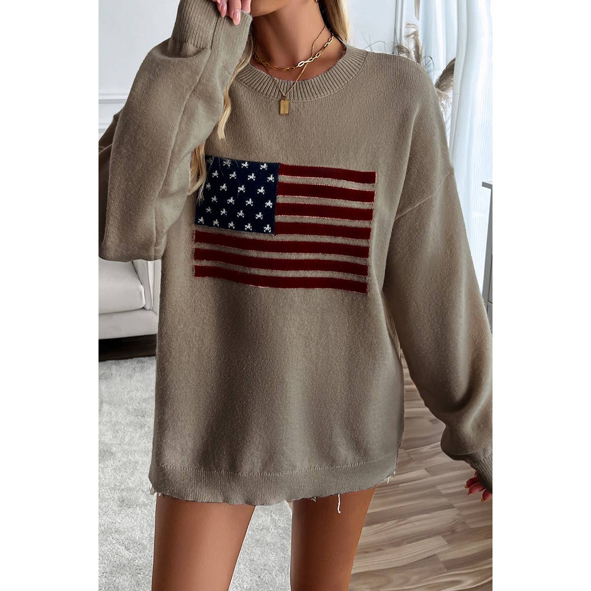 Knit Round Neck Flag Print Loose Fit Sweater - Shop Cool Tricks