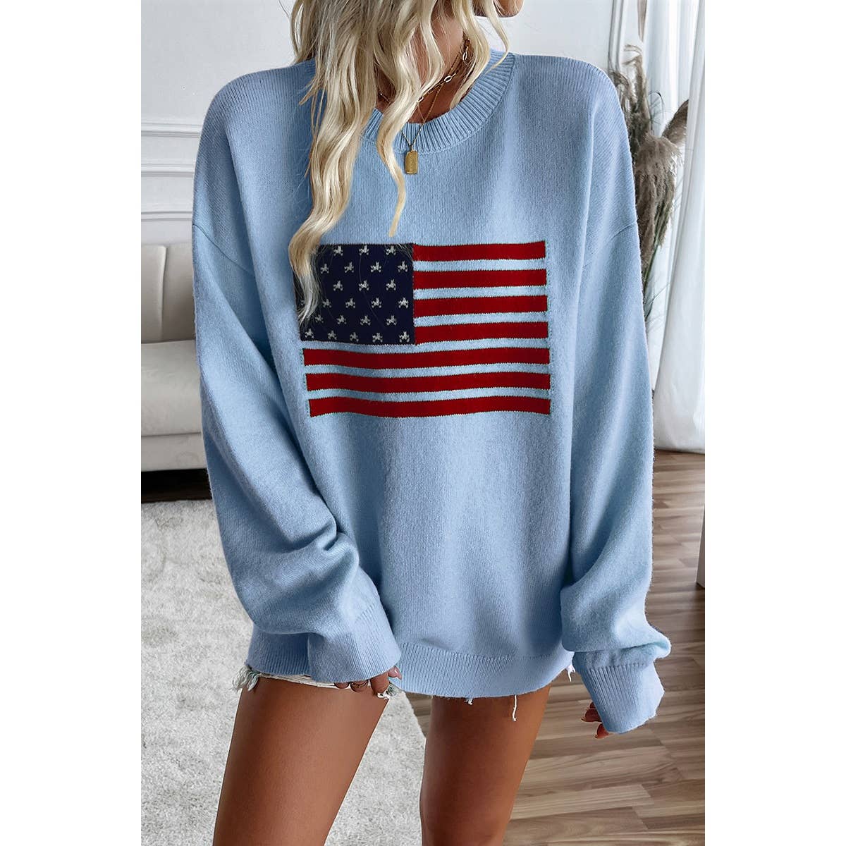 Knit Round Neck Flag Print Loose Fit Sweater - Shop Cool Tricks
