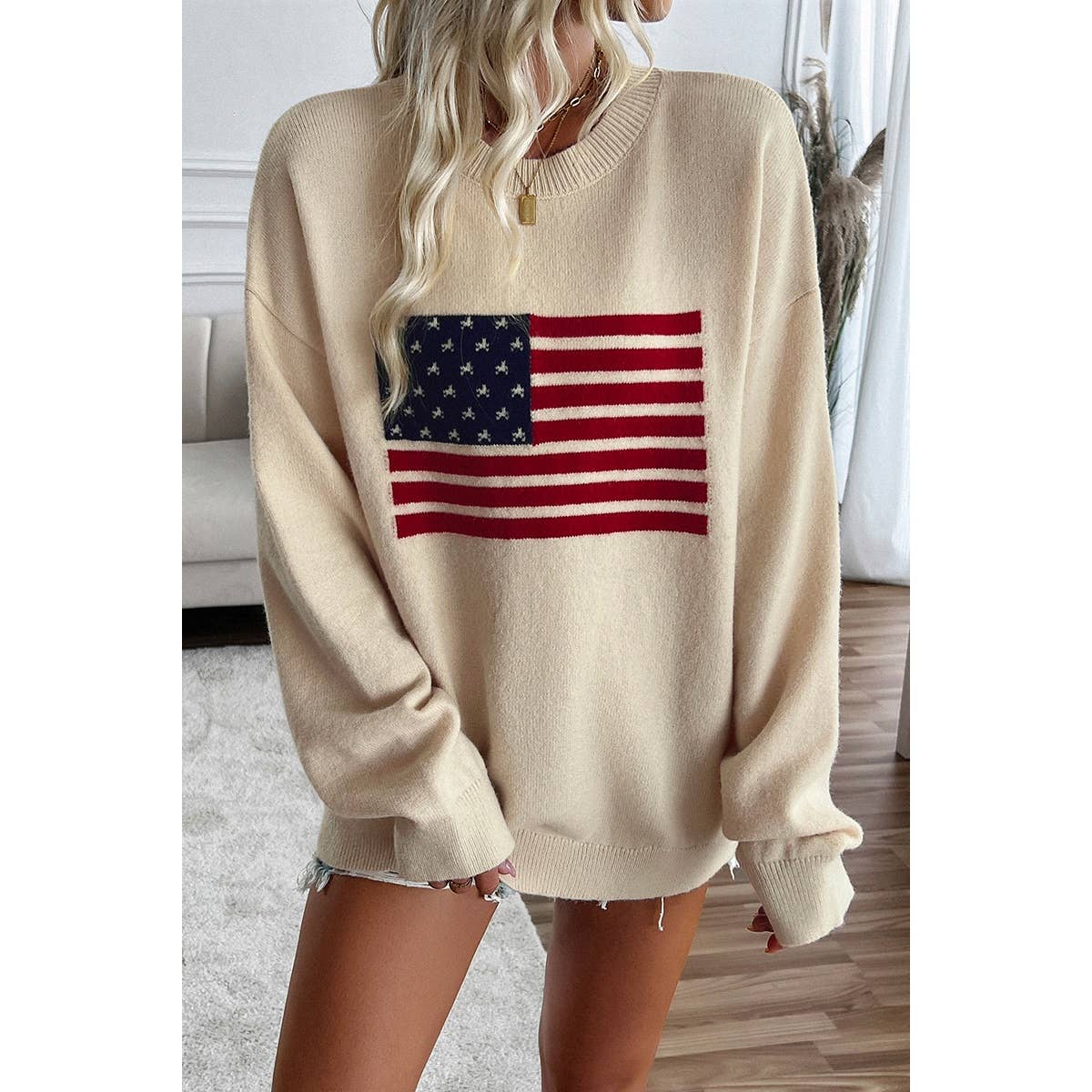 Knit Round Neck Flag Print Loose Fit Sweater - Shop Cool Tricks