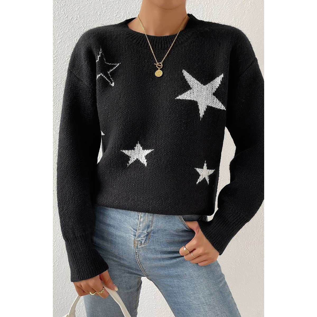 Star Print Knit Loose Fit Sweater - Shop Cool Tricks
