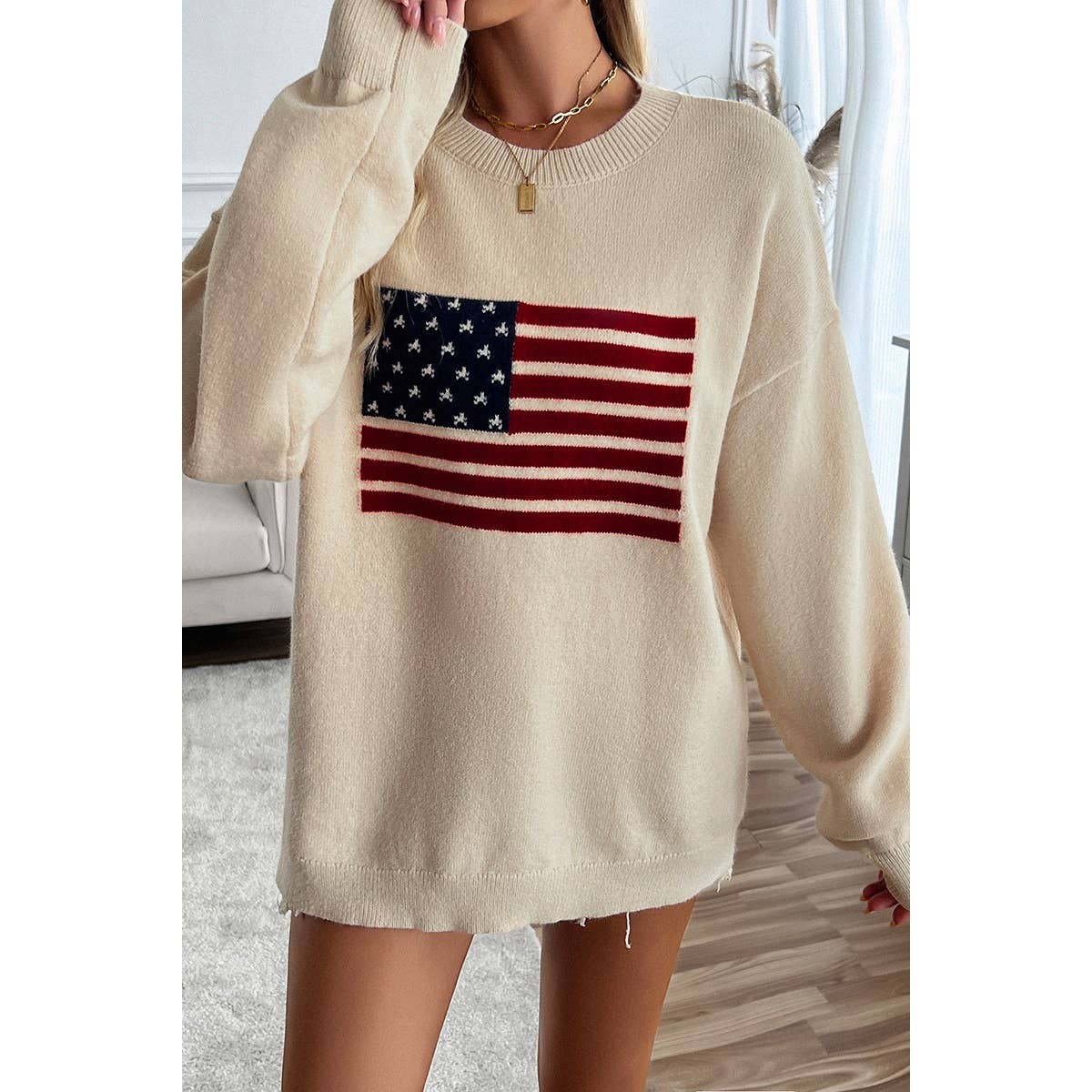 Knit Round Neck Flag Print Loose Fit Sweater - Shop Cool Tricks