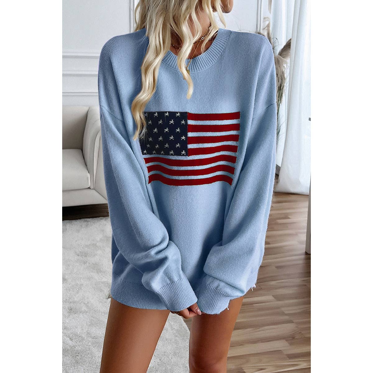 Knit Round Neck Flag Print Loose Fit Sweater - Shop Cool Tricks