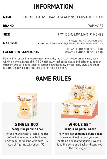 100% Genuine Labubu Pop Mart Labubu The Monsters Have a Seat Vinyl Plush Blind Box